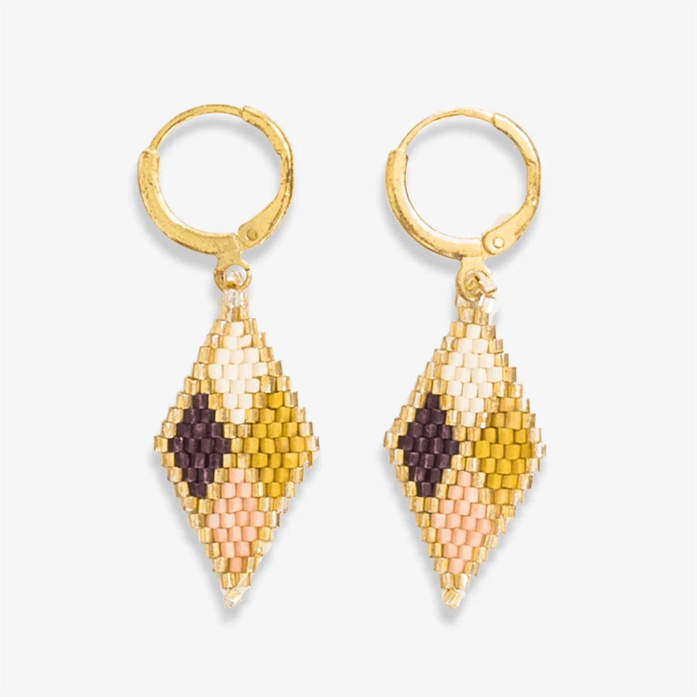 Mini Gold Hoop Diamond Pattern Beaded Drop Earrings - Indie Indie Bang! Bang!