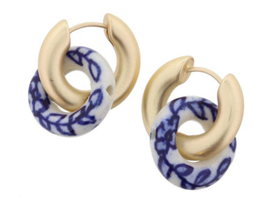 Gold Huggie with Blue Vine & Floral Ceramic Hoop Earrings