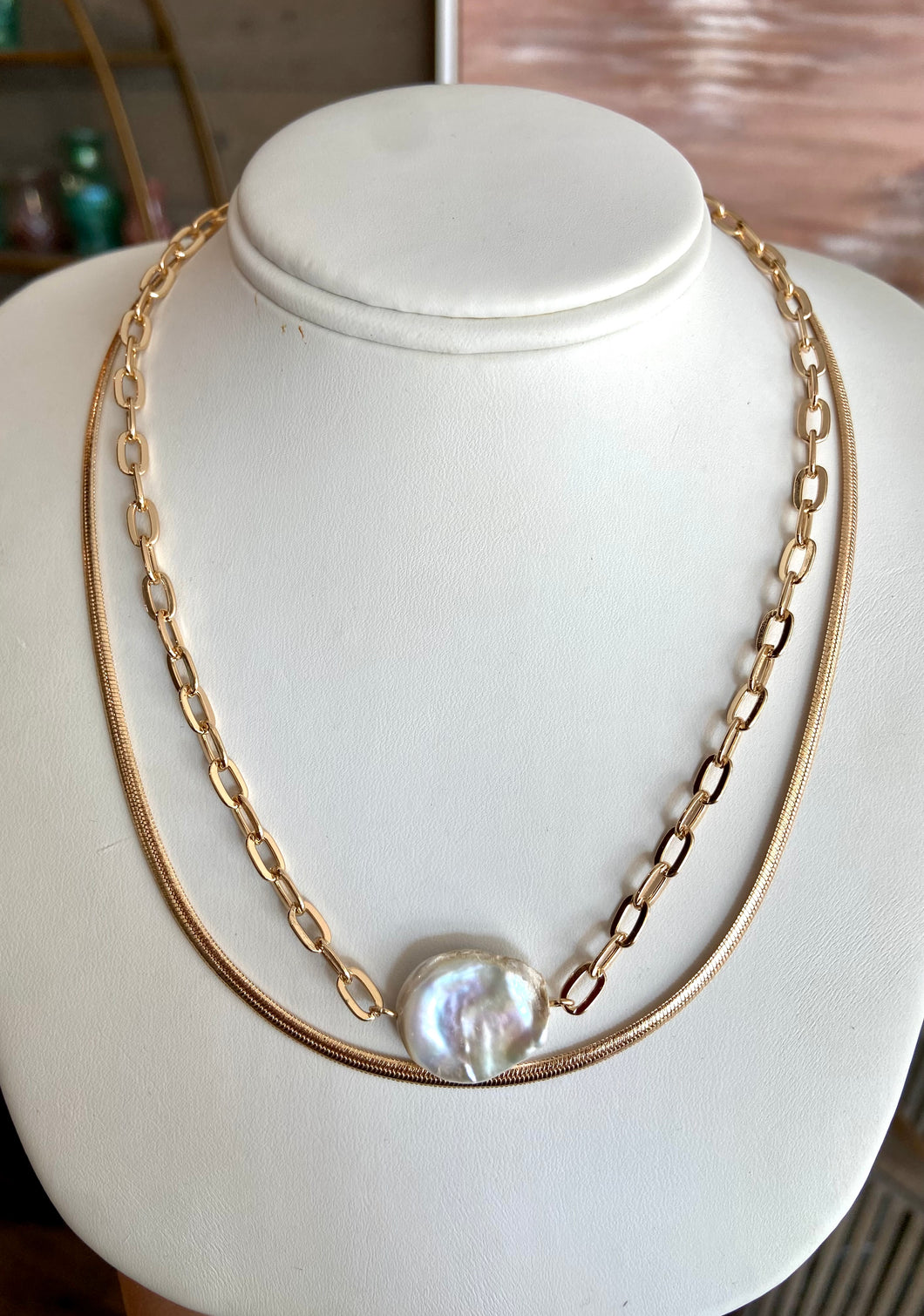 Multi Gold Chain With Pearl Medallion Necklace - Indie Indie Bang! Bang!