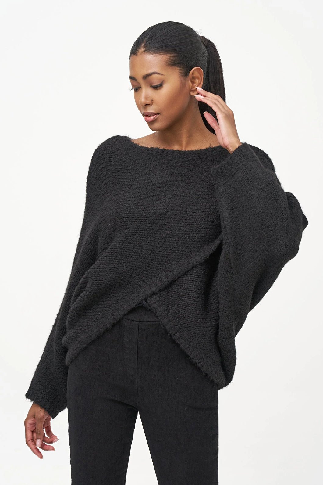 Women's Knit Boat-Neck Sweater (Black) - Indie Indie Bang! Bang!