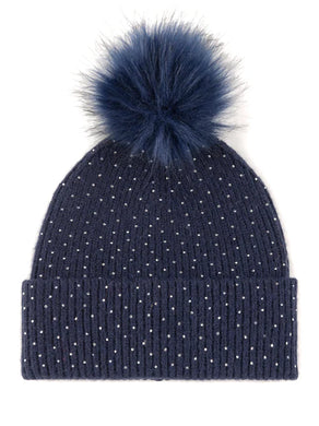 navy sparkle studded pom pom beanie hat