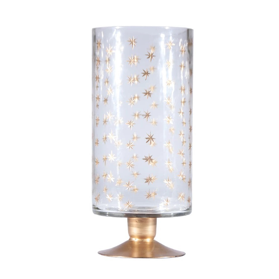 Etched Glass Footed Hurricane with Starburst Pattern