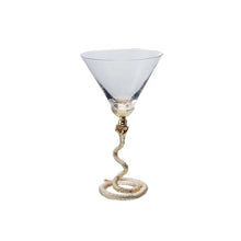 Load image into Gallery viewer, Clear glass cocktail glass with a snake-shaped stem on a white background