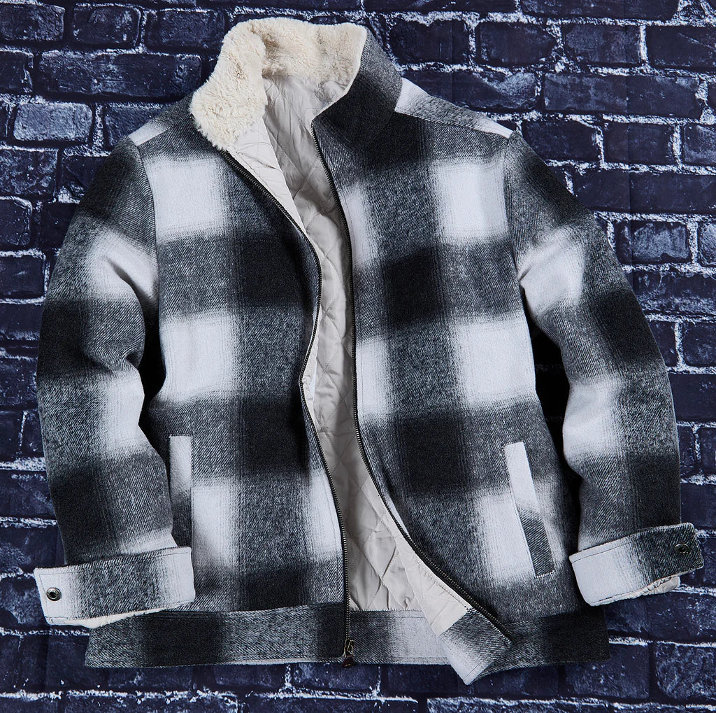 Gangster Black Plaid Jacket with Faux Fur Collar