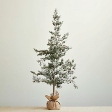 Faux Evergreen Tree in Burlap Sack, Snow Finish