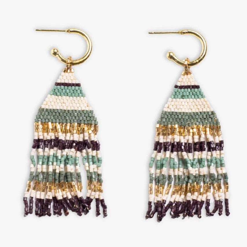 Mini Gold Hoop Horizontal Stripes Beaded Fringe Earrings - Indie Indie Bang! Bang!