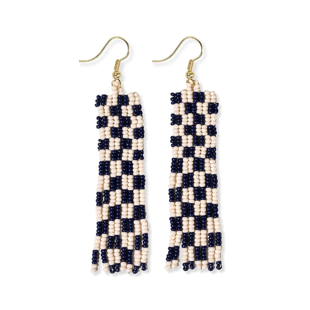 Harriet Woven Top Gingham Beaded Fringe Earrings - Navy - Indie Indie Bang! Bang!