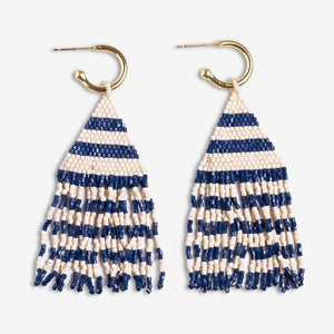 Mini Gold Hoop Two Tone Stripes Beaded Fringe Earrings - Navy - Indie Indie Bang! Bang!