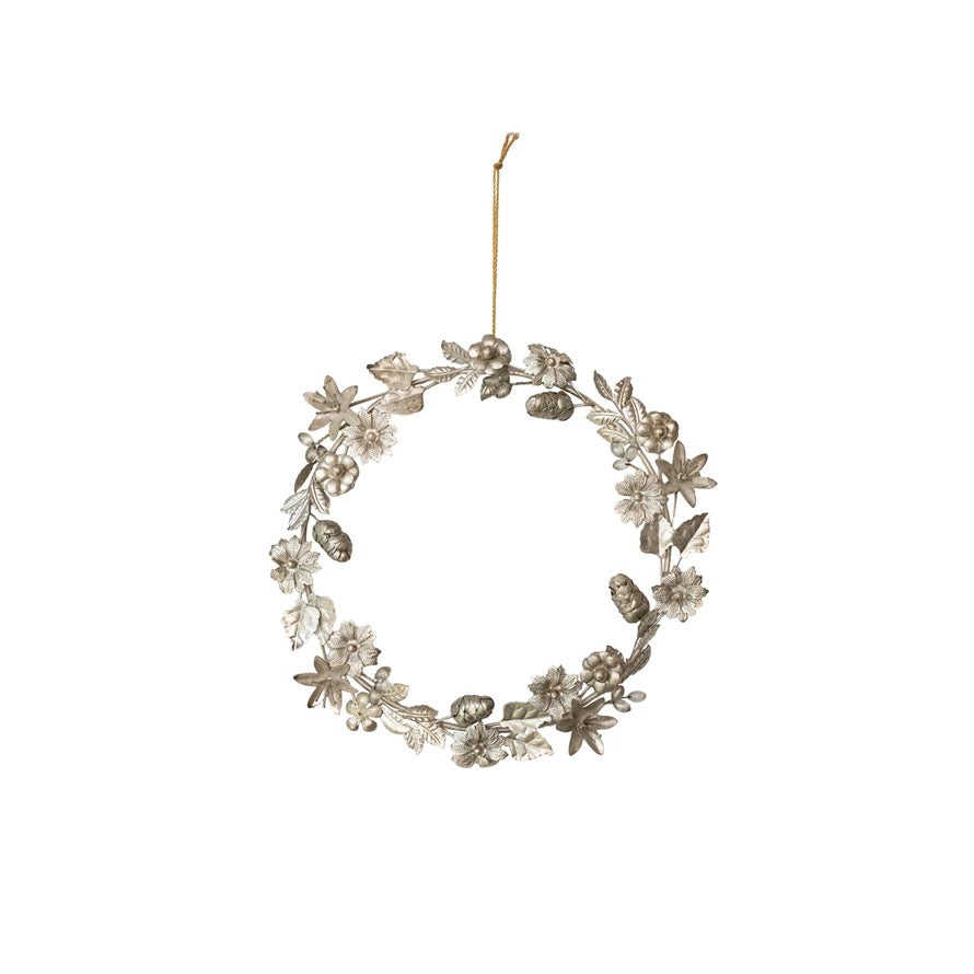 Antique Silver Metal Leaves, Flowers & Acorns Wreath