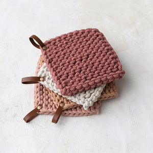 Cotton Crocheted Pot Holder w/ Leather Loop - Indie Indie Bang! Bang!