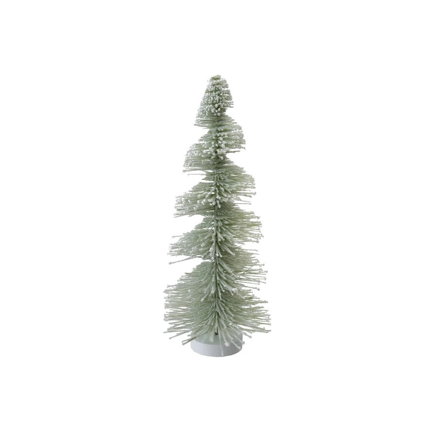 Plastic Bottle Brush Tree with Wood Base, Snow Finish, Sage Color