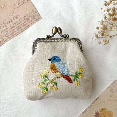 Bird Embroidered Cream Coin Purse