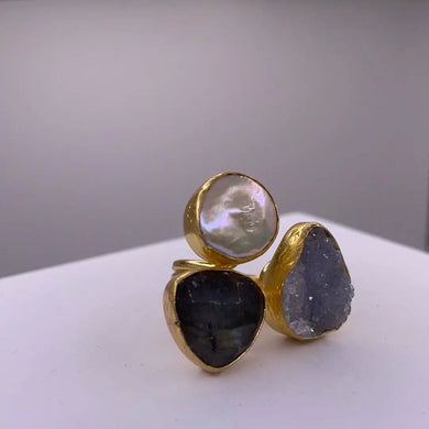 Three Stone Pearl + Druzy Ring - Indie Indie Bang! Bang!