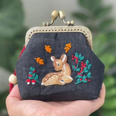 Deer Embroidered Navy Coin Purse