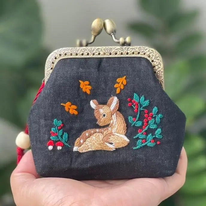 Deer Embroidered Navy Coin Purse