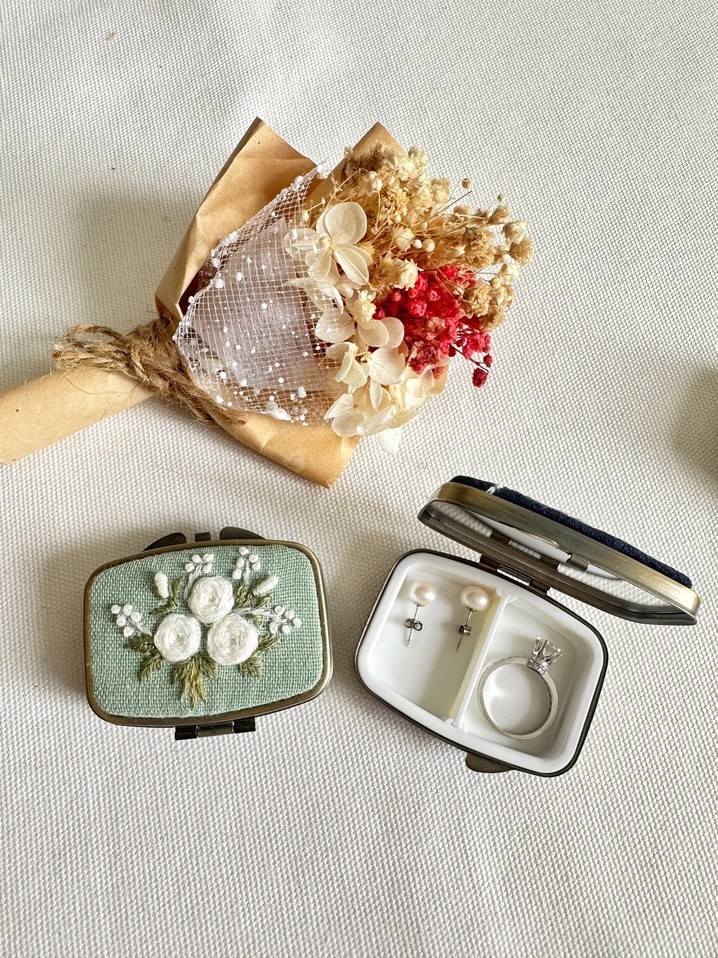 Floral Embroidered Mini Jewelry Box with Mirror