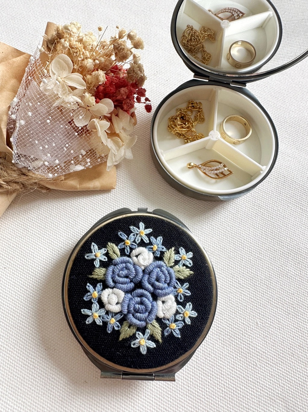 Floral Embroidered Round Jewelry/Pill Box with Mirror