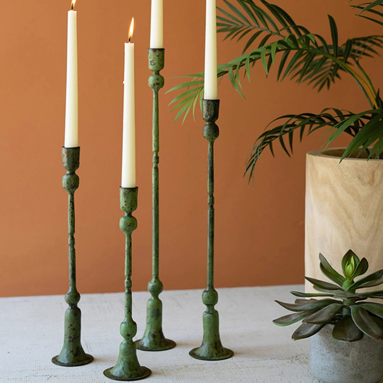 Forged Iron Green Patina Taper Candle Holders - Thumbnail 4