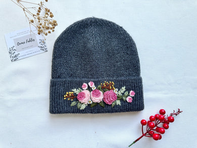 Hand-Embroidered Beanie - 3D Pink Roses