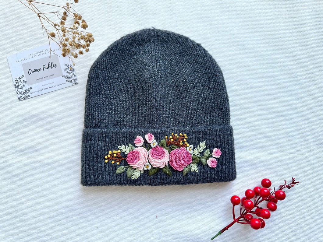 Hand-Embroidered Beanie - 3D Pink Roses