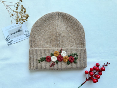 Hand-Embroidered Beanie - Tan Roses