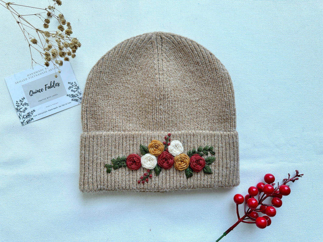 Hand-Embroidered Beanie - Tan Roses