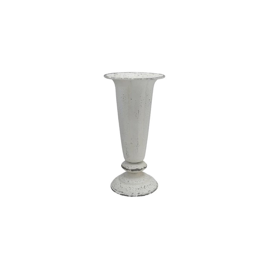 Painted Cast Iron Vase- Distressed White Finish - Indie Indie Bang! Bang!
