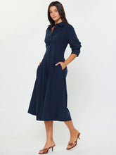 Load image into Gallery viewer, 3/4 Button Down A-Line Midi Dress - Navy - Indie Indie Bang! Bang!