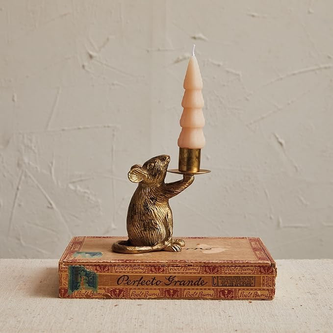 Cast Aluminum Mouse Taper Candleholder, Antique Gold Finish - Indie Indie Bang! Bang!