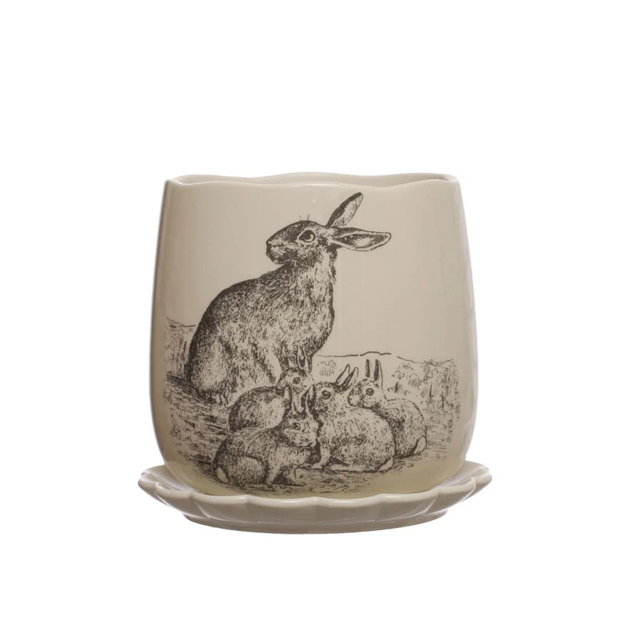 Rabbit Stoneware Planter w/ Scalloped Saucer