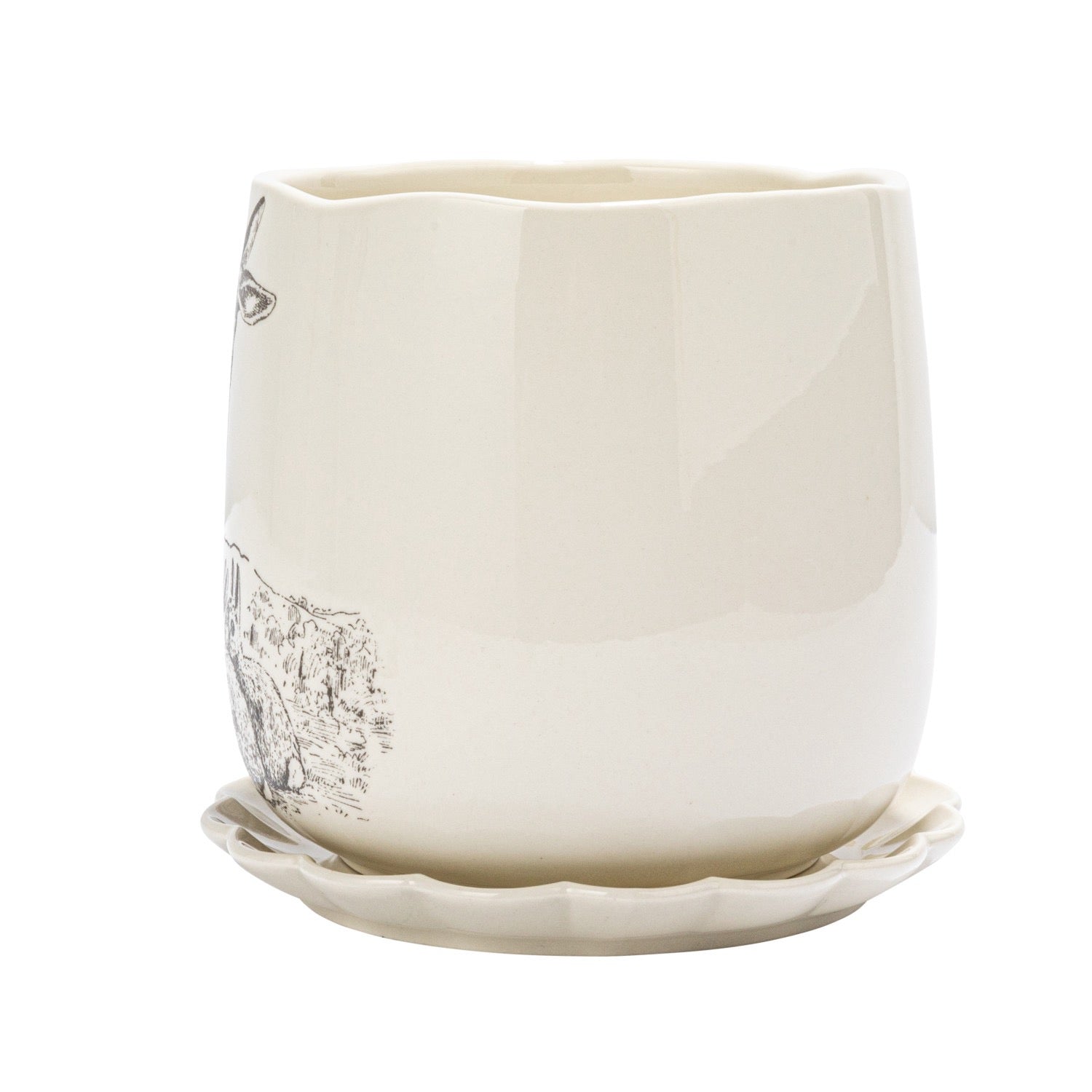 Rabbit Stoneware Planter w/ Scalloped Saucer - Thumbnail 2