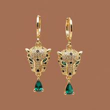 Load image into Gallery viewer, Gold panther head earrings with green teardrop stones.