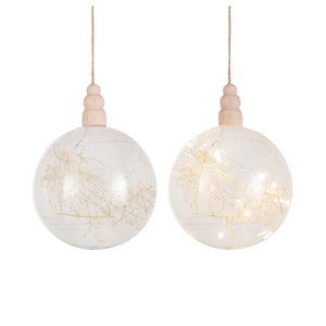 Glass & Wood LED Ball Ornament w/ Dried Botanicals