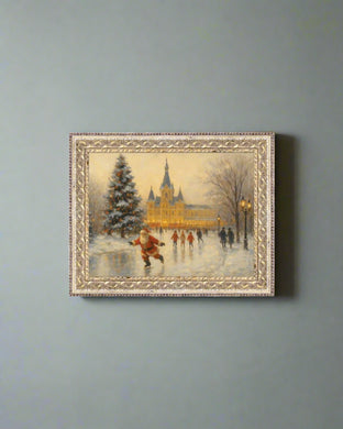 Framed artwork of a snowy scene with people skating on an ice rink.
