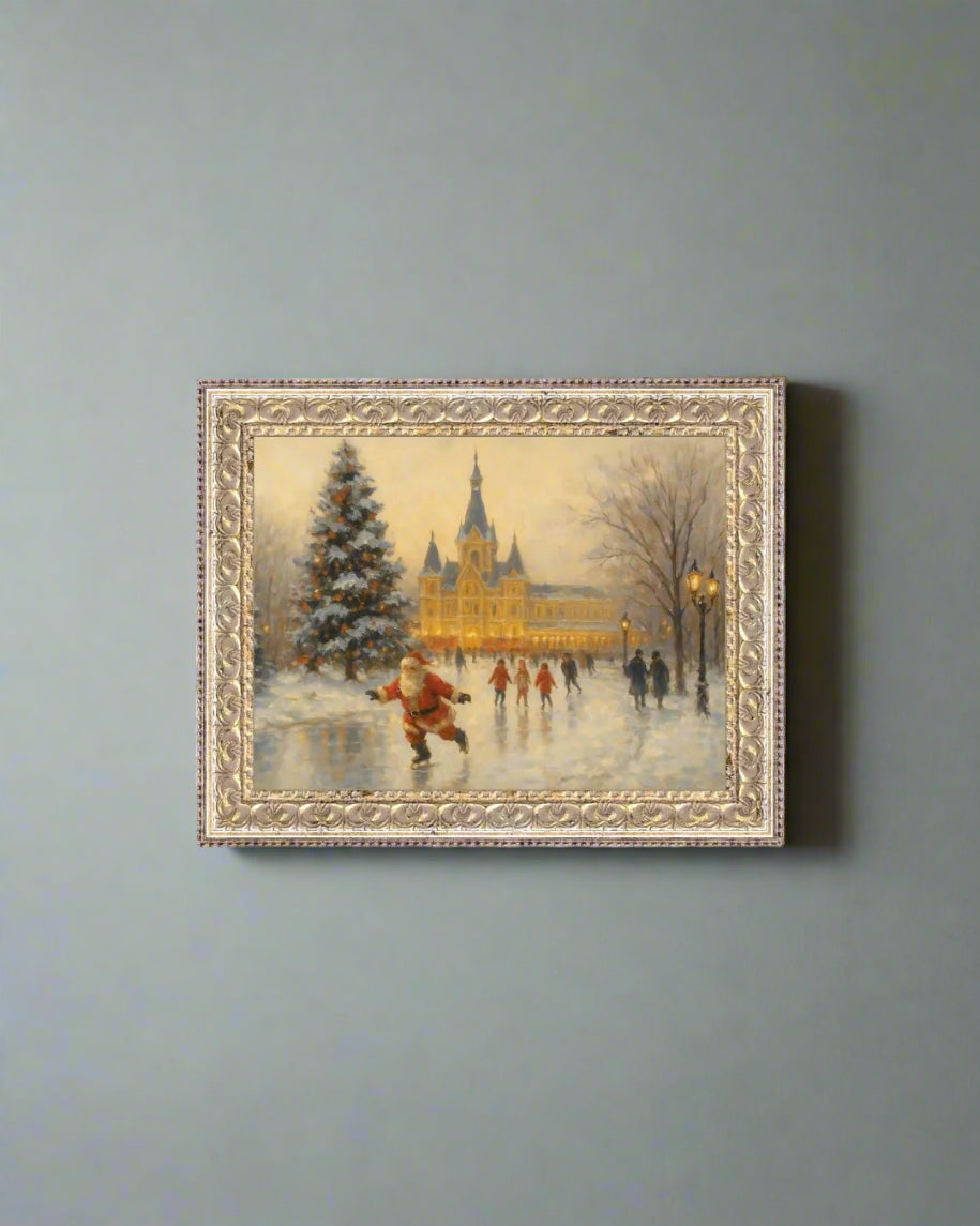 Framed artwork of a snowy scene with people skating on an ice rink.