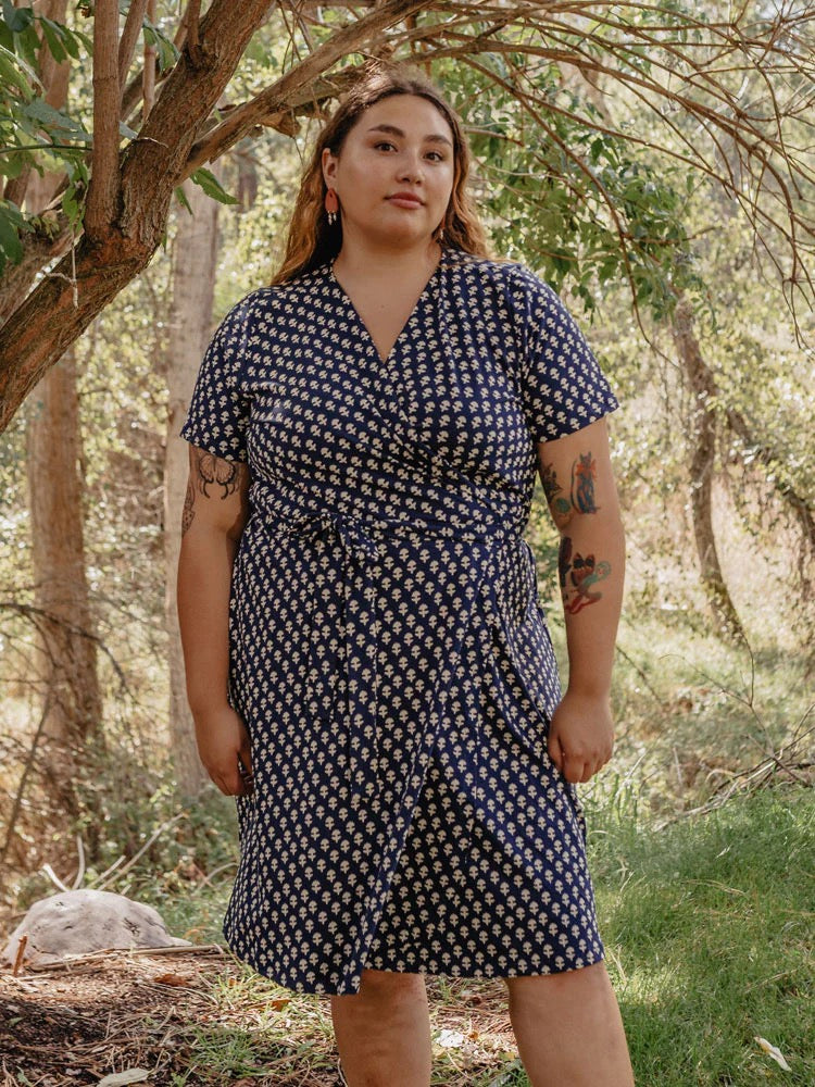 Katie Plus Size Wrap Dress Floral Navy