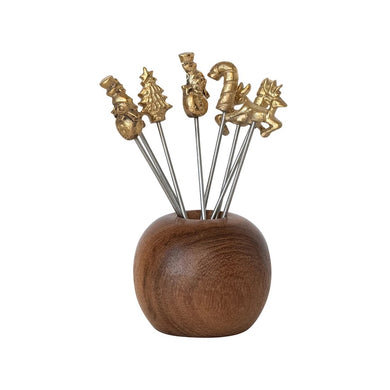 Mango Wood Holder with (8) Appetizer Picks Holiday Inspired - Indie Indie Bang! Bang!