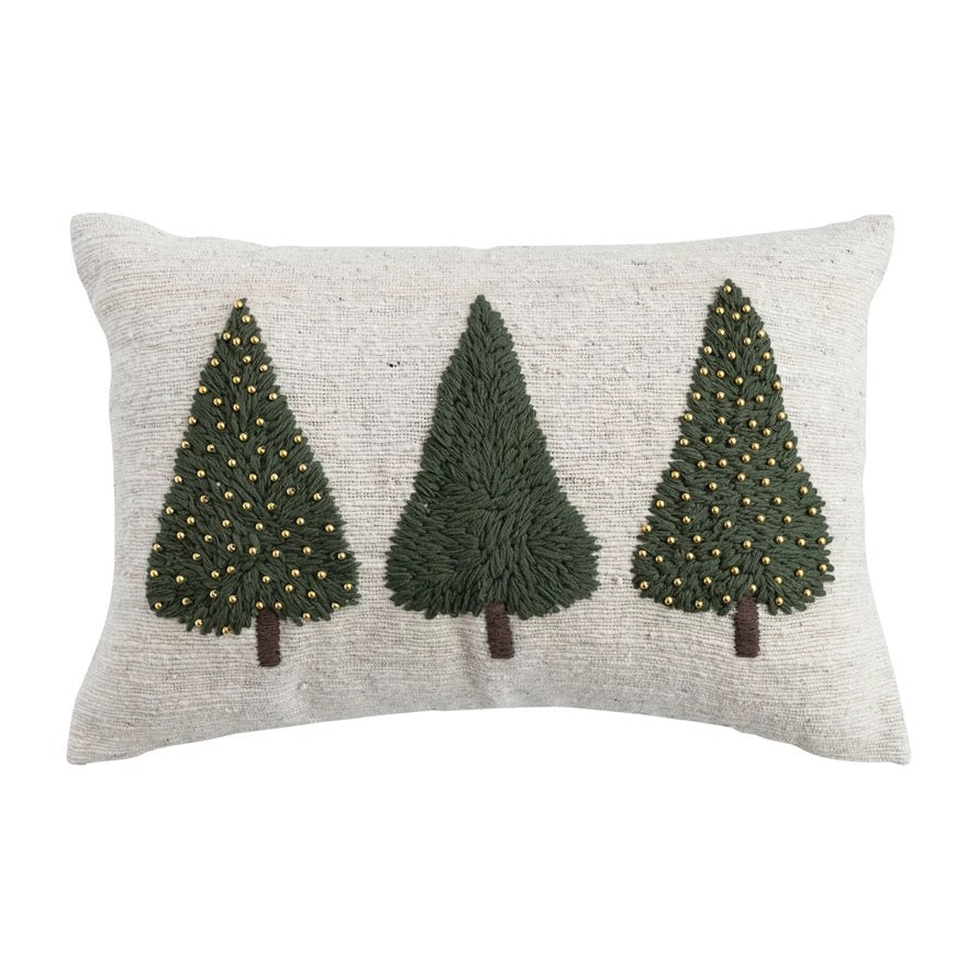 Hand-Woven & Wool Lumbar Pillow with Embroidered Trees & Beads - Indie Indie Bang! Bang!
