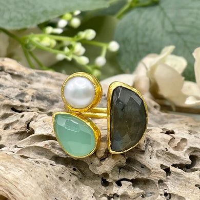 Three Stone Gem Box Pearl Ring - Aqua Stone