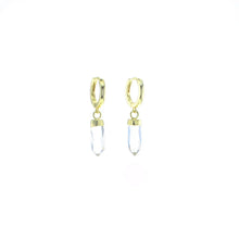Load image into Gallery viewer, Gold hoop earrings with clear gemstones on a white background