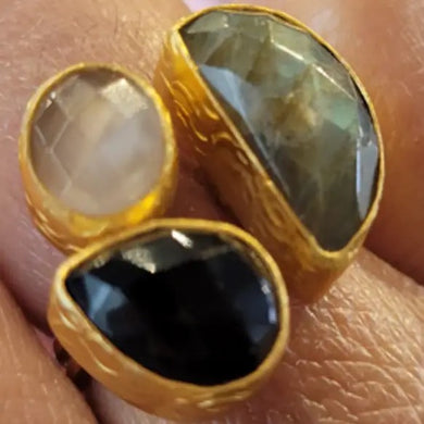 Three Stone Gem Box Labradorite, Onyx, Smokey Quartz Ring