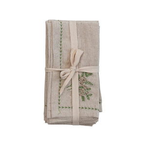 18" Square Cotton & Linen Napkins w/ Botanical, Embroidery & French Knots, Set of 4