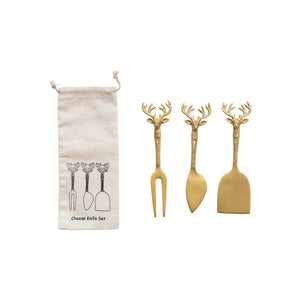 Brass Cheese Knives w/ Stag Deer Handles (Set of 3)