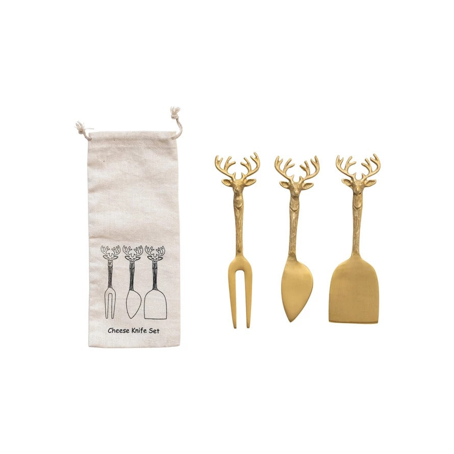 Brass Cheese Knives w/ Stag Deer Handles (Set of 3)