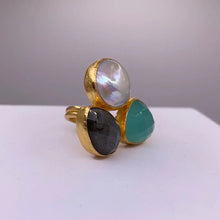 Load image into Gallery viewer, Three Stone Pearl, Labradorite + Aqua Chalcedony