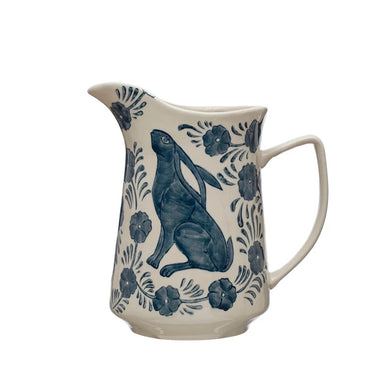 3 Quart Hand-Painted Blue Stoneware Pitcher w/ Rabbit & Flowers - Indie Indie Bang! Bang!