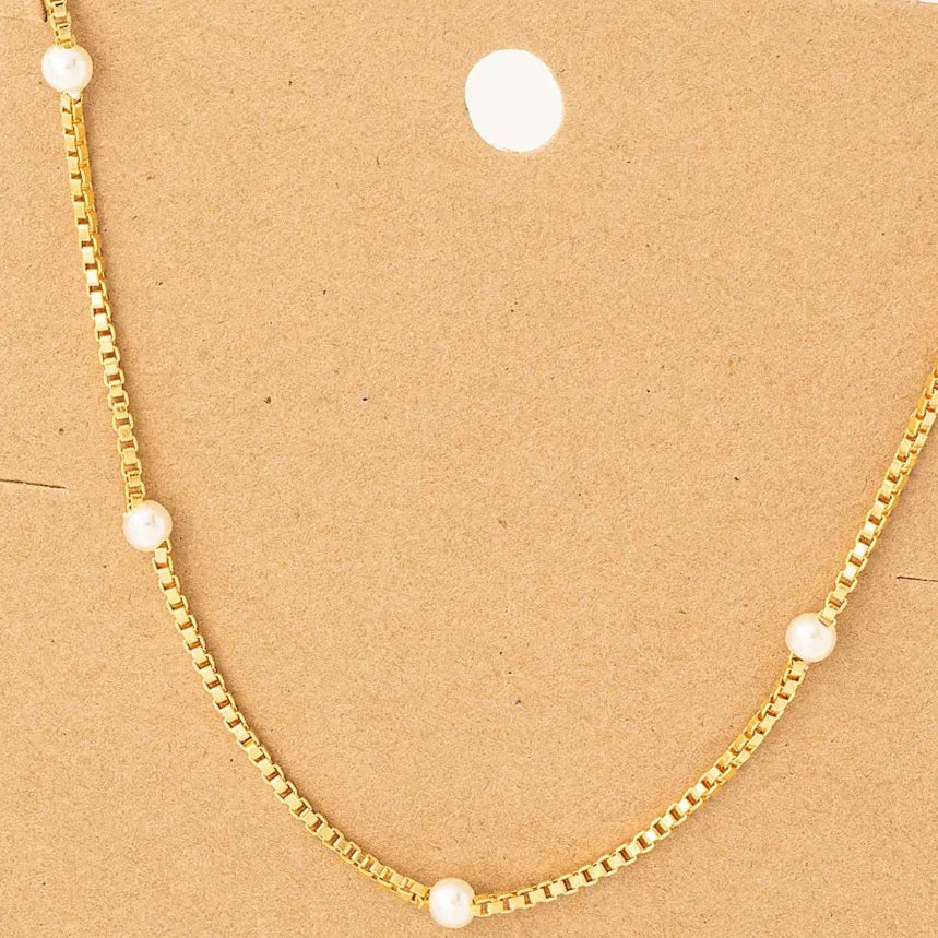 Box Chain Pearl Station Necklace - Indie Indie Bang! Bang!