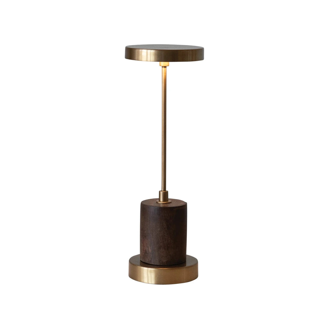 Metal & Mango Wood LED Table Lamp w/ Touch Sensor, Antique Brass Finish - Indie Indie Bang! Bang!