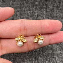 Load image into Gallery viewer, Mini Bee Inlaid with Pearl &amp; Cubic Zirconia Ear Studs - Indie Indie Bang! Bang!