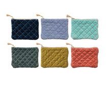 Load image into Gallery viewer, Quilted Cotton Velvet Zip Pouch w/ Metallic Thread Embroidery &amp; Tassel, 6 Colors - Indie Indie Bang! Bang!
